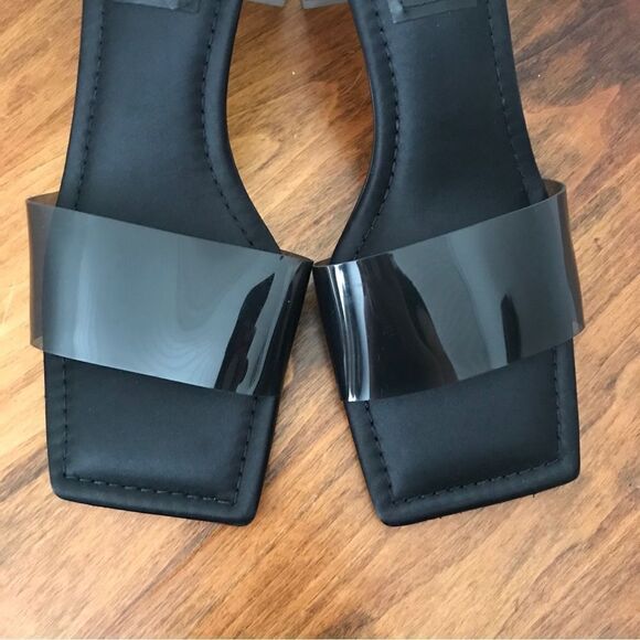 GOOD AMERICAN Black Side Sandal Two Tone Block Heel Square‎ Toe Satin Size 10 - Picture 4 of 8